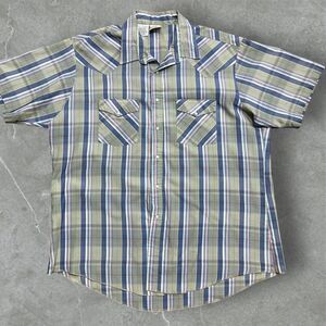 Western Frontier Vintage Pearl Snap Plaid Gray Navy Button Up Shirt Mens Size XL